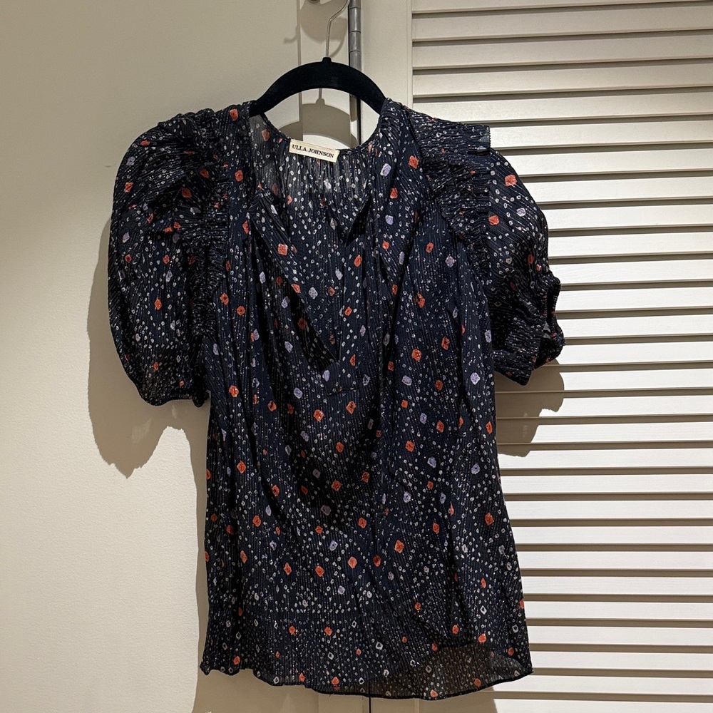 Ulla Johnson Moss Navy Puff-Sleeve Printed Blouse